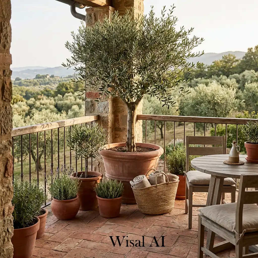 Olive grove-inspired balcony with terracotta pots and greenery