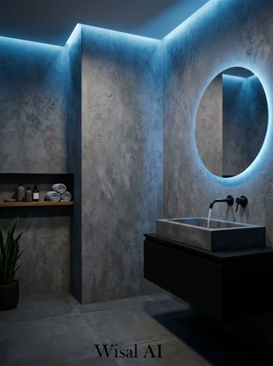 Textured grey bathroom walls with blue ambient lighting