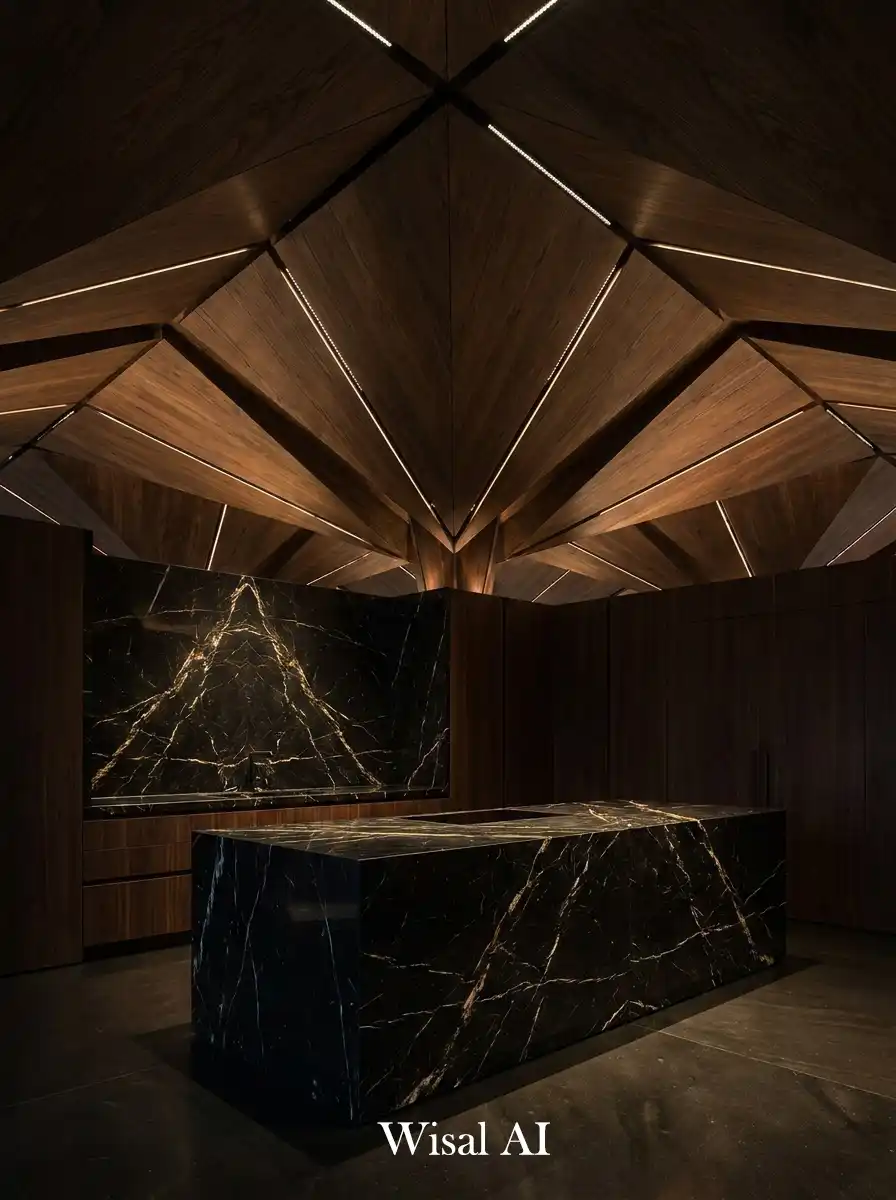 16. Geometric Wood Vault & Marble Monolith Kitchen