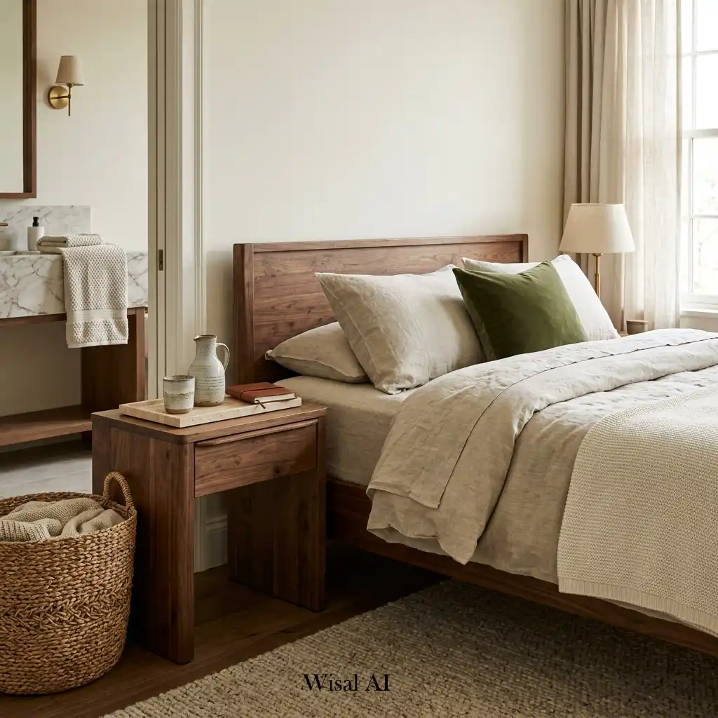 Premium bedroom showcasing marble tables, linen bedding, walnut furniture, and craftsmanship beautifully.