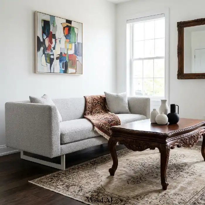 Modern living room with strong contrast between sleek sofa and traditional carved wooden table