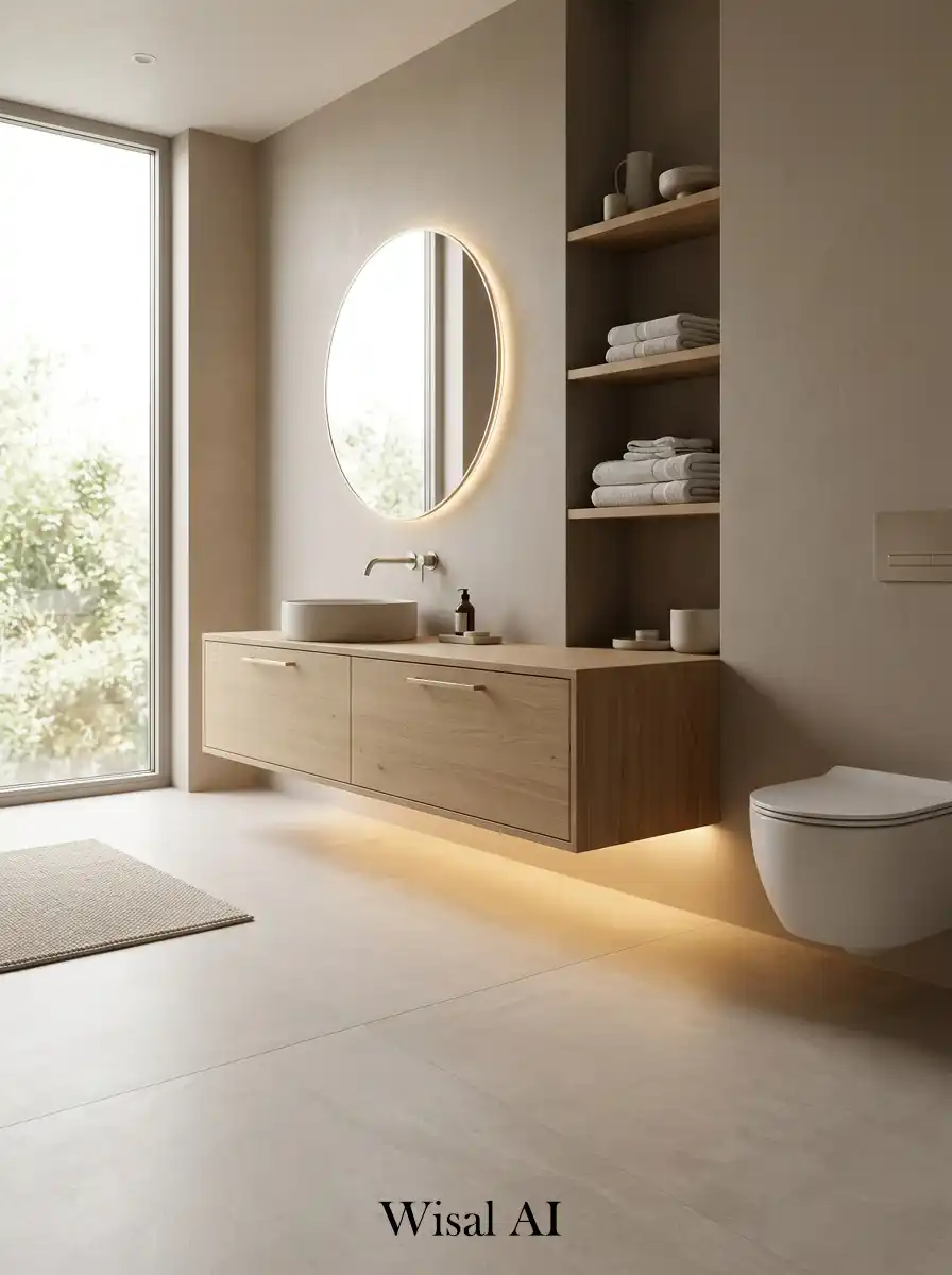 Floating vanity bathroom with warm neutral colors and minimal modern architecture.