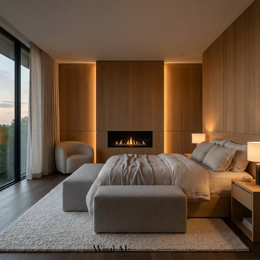 White oak bedroom with a fireplace feature wall and cozy seating area.