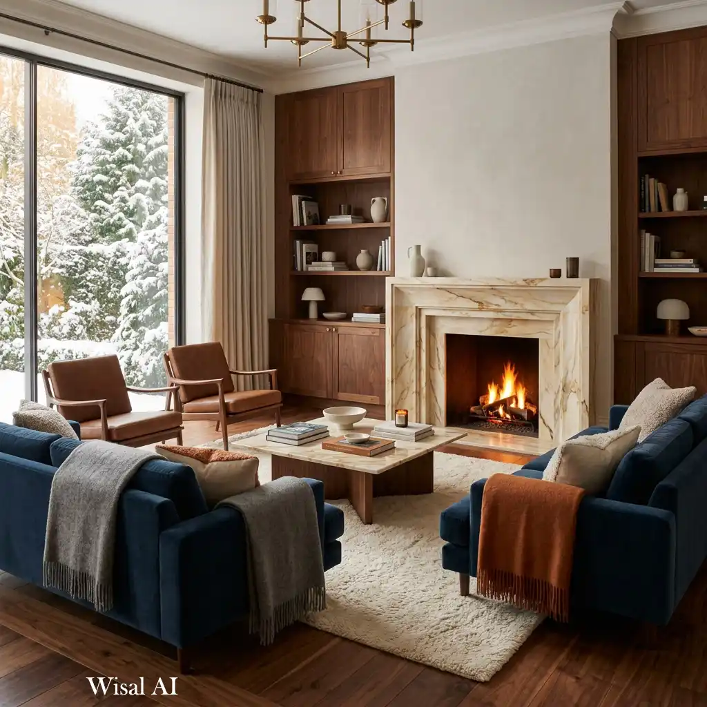 Elegant living room combining marble surfaces with warm wood elements.