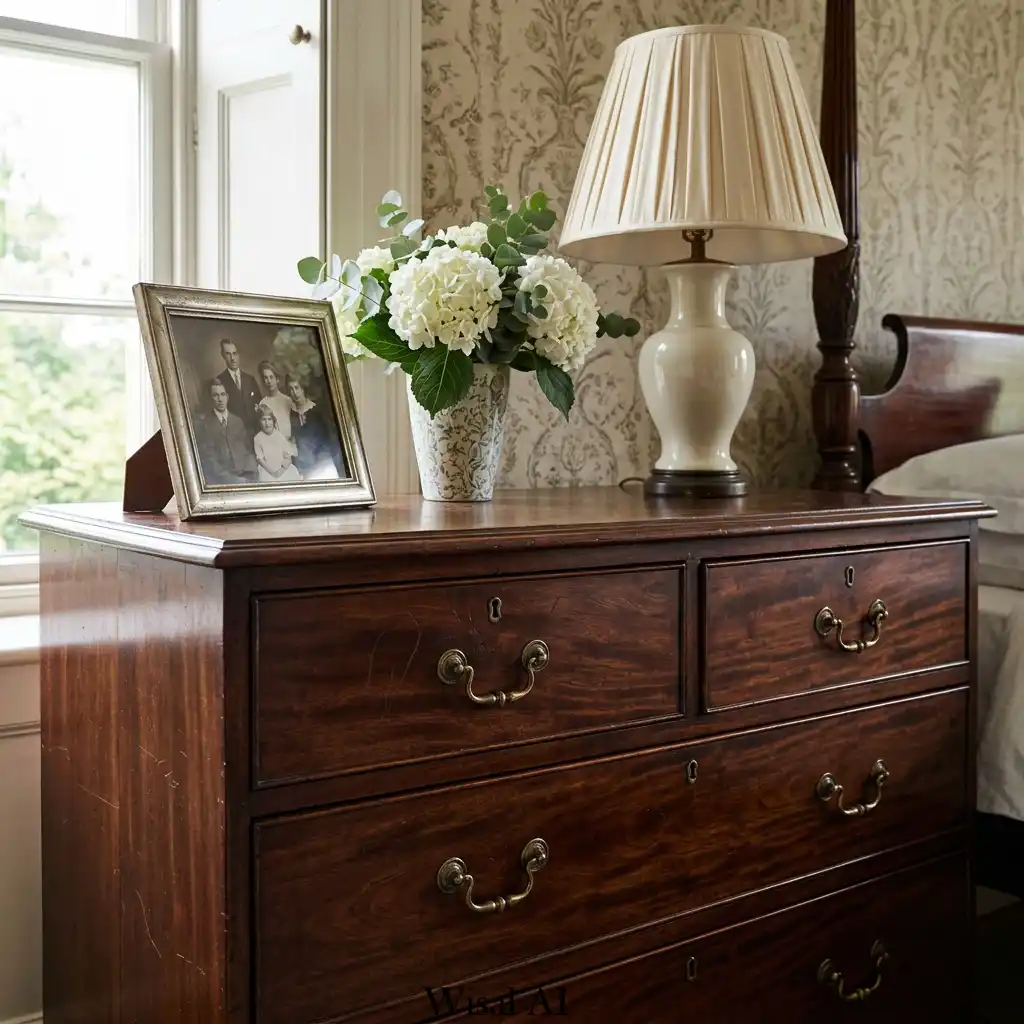 Antique wooden dresser in timeless European bedroom