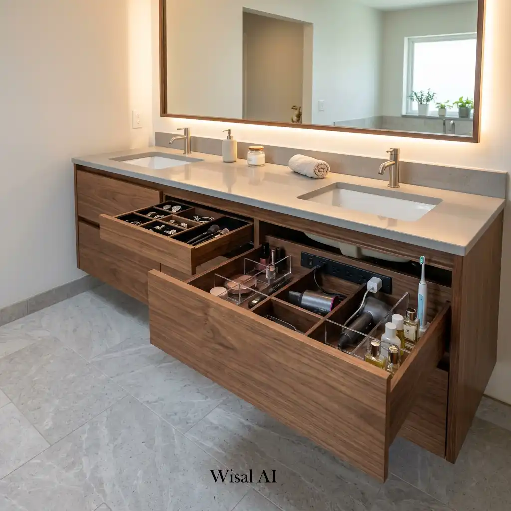 Modern bathroom vanity with hidden drawer organizers and custom storage solutions.