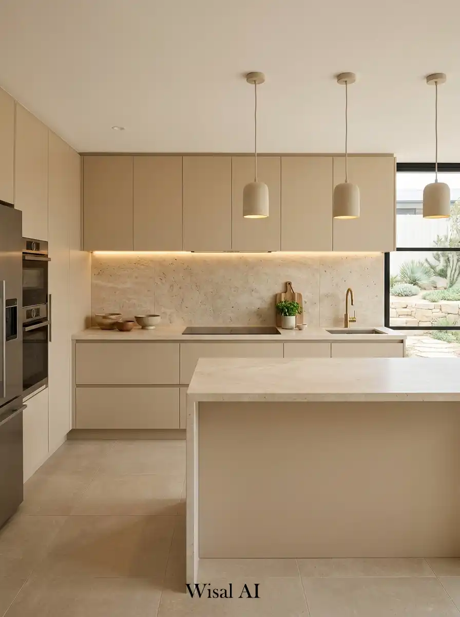 Contemporary kitchen with beige cabinets and light stone textures for natural elegance.