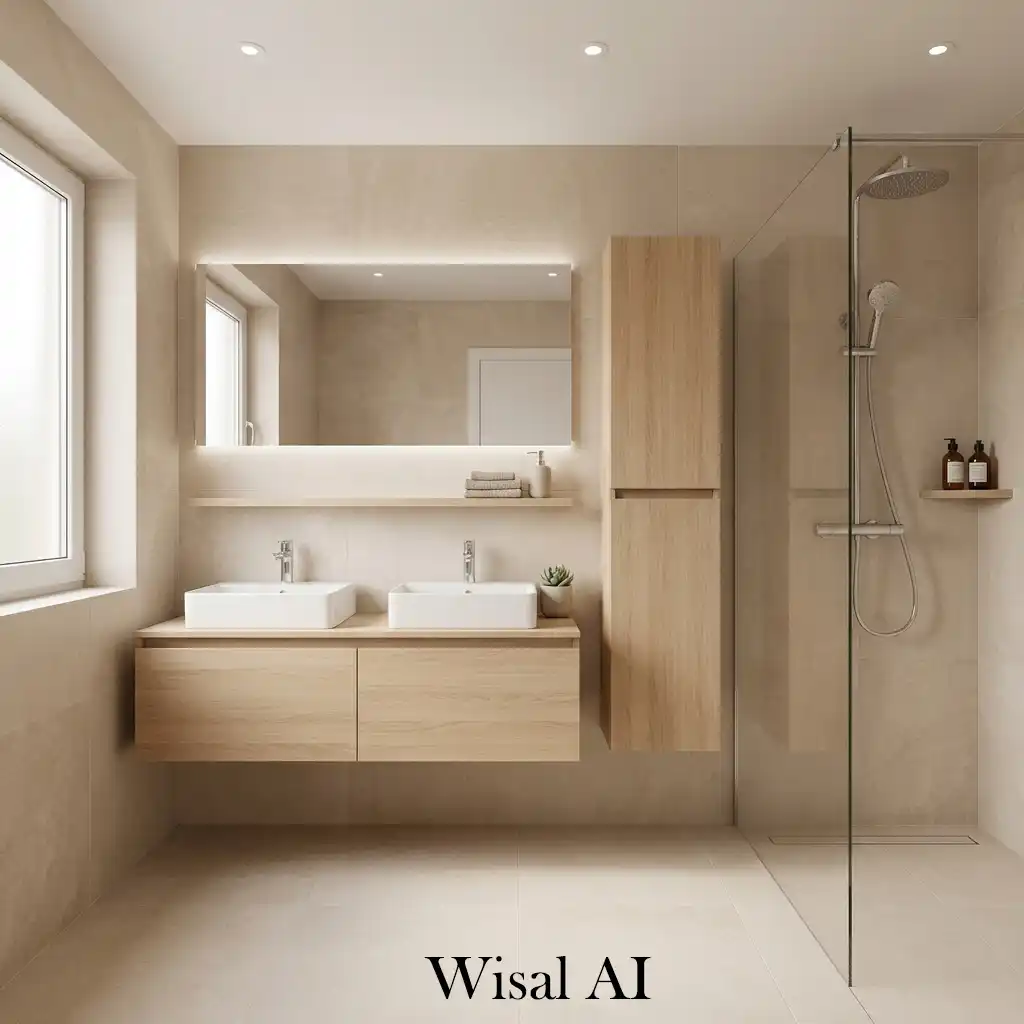Floating storage beige bathroom modern minimalist design