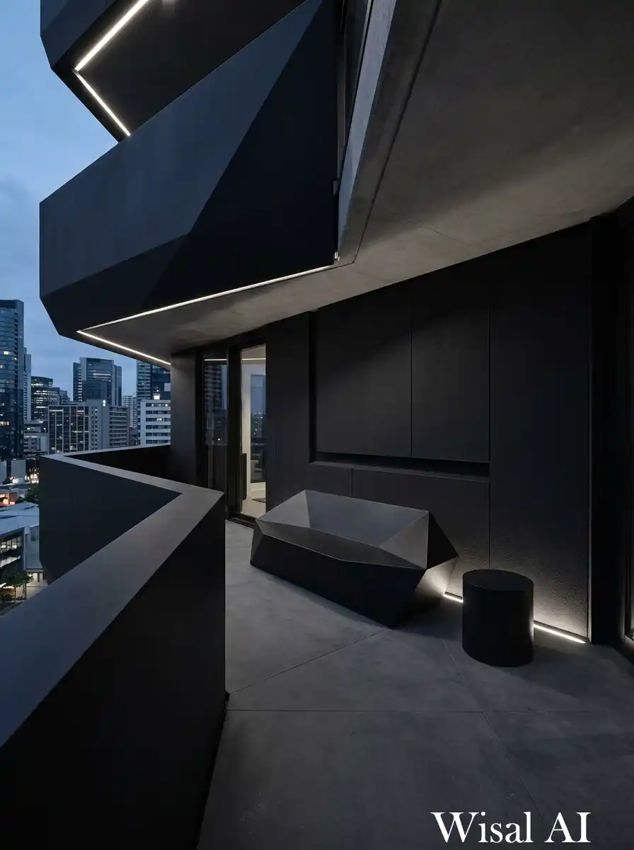 Architectural black balcony with sculptural furniture and geometric forms creating artistic outdoor space.