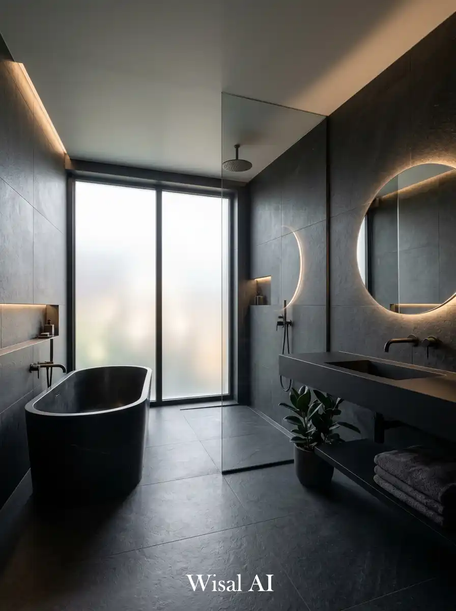 Minimal black bathroom inspired by spa interiors with clean and calm atmosphere.