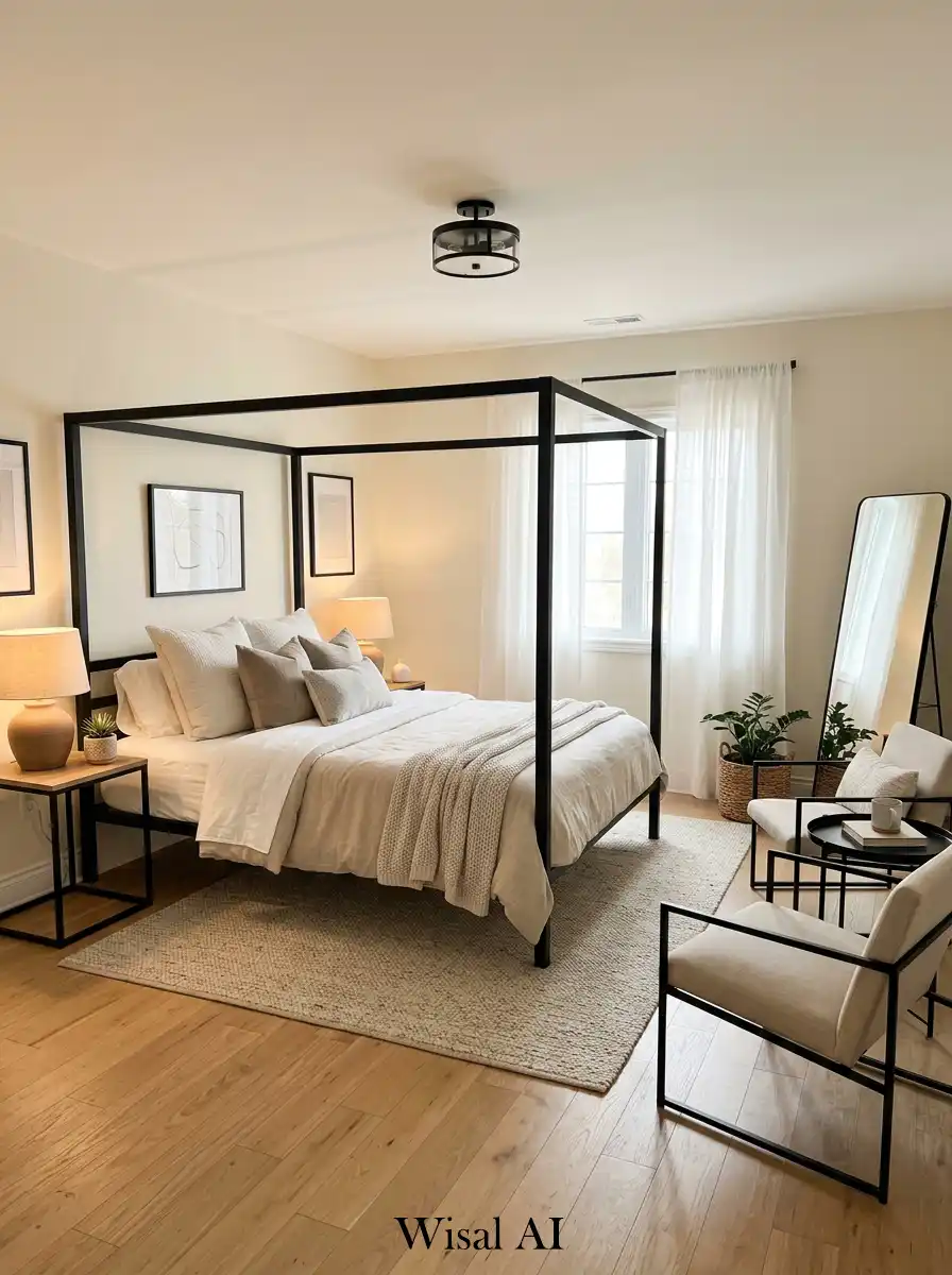 Modern bedroom featuring black frame furniture with neutral soft background tones.