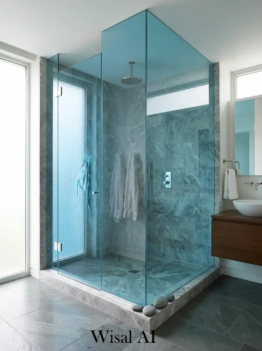 Blue glass shower enclosure with modern grey stone style