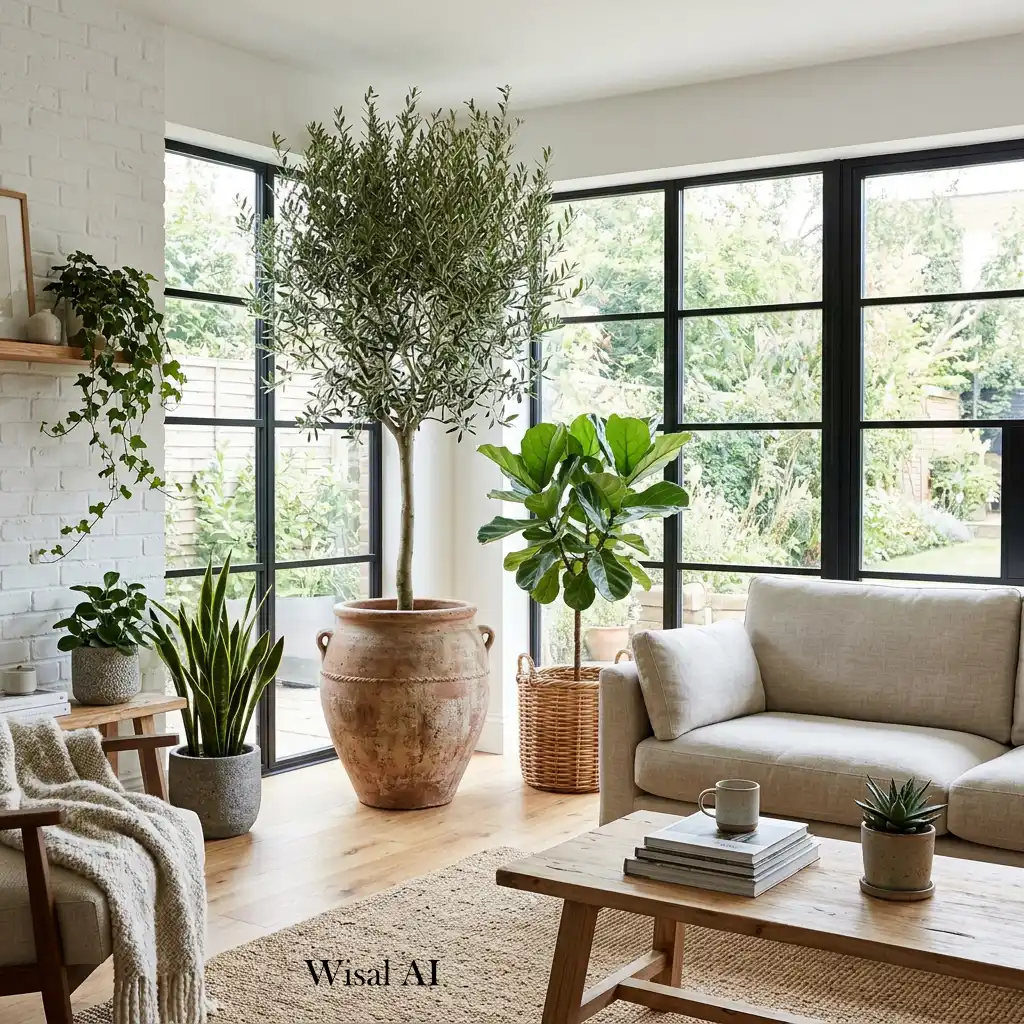 Modern living room featuring large indoor plants.