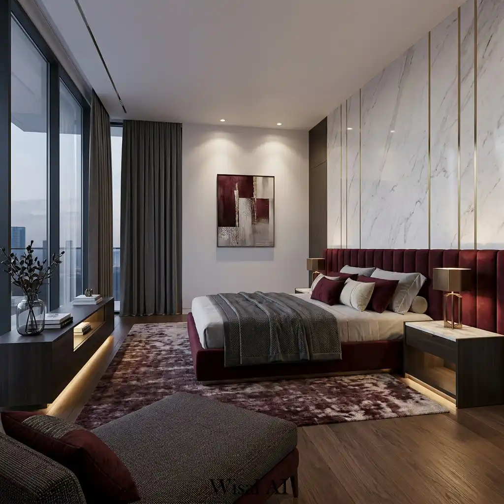 Contemporary luxury burgundy bedroom suite with sleek furniture and premium finishes