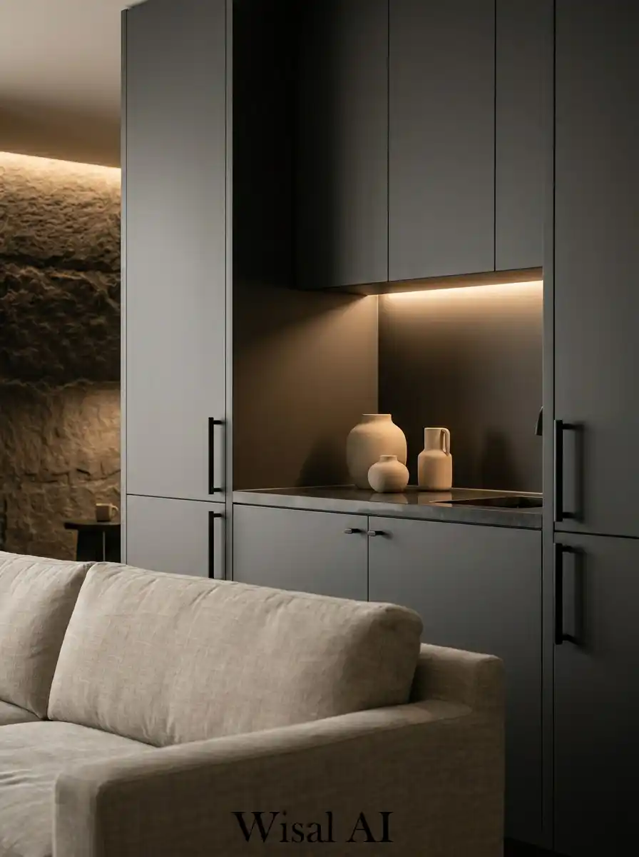Boutique hotel style living room with charcoal beige palette soft lighting and elegant modern luxury atmosphere.