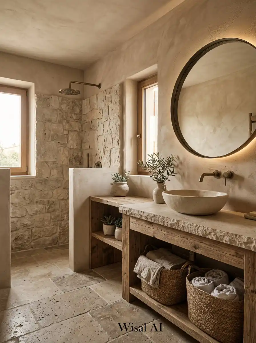 Earthy bathroom with clay beige tones textured stone surfaces and calming organic spa-inspired interior details.