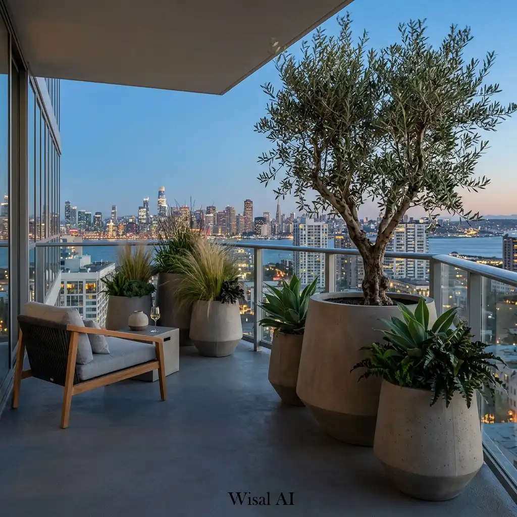 Modern balcony decorated with sculptural planters and skyline views