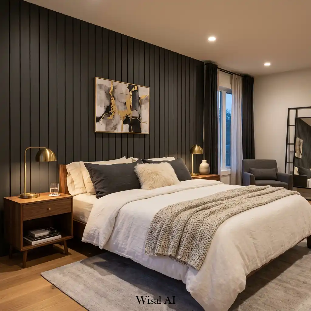 Contemporary bedroom featuring dark charcoal wall paneling.