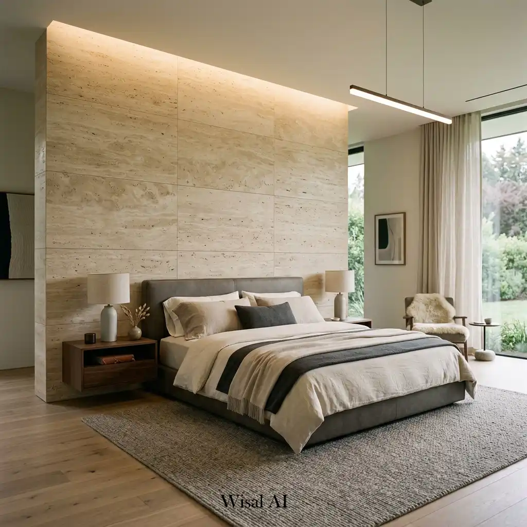 Luxury bedroom featuring a warm travertine stone accent wall