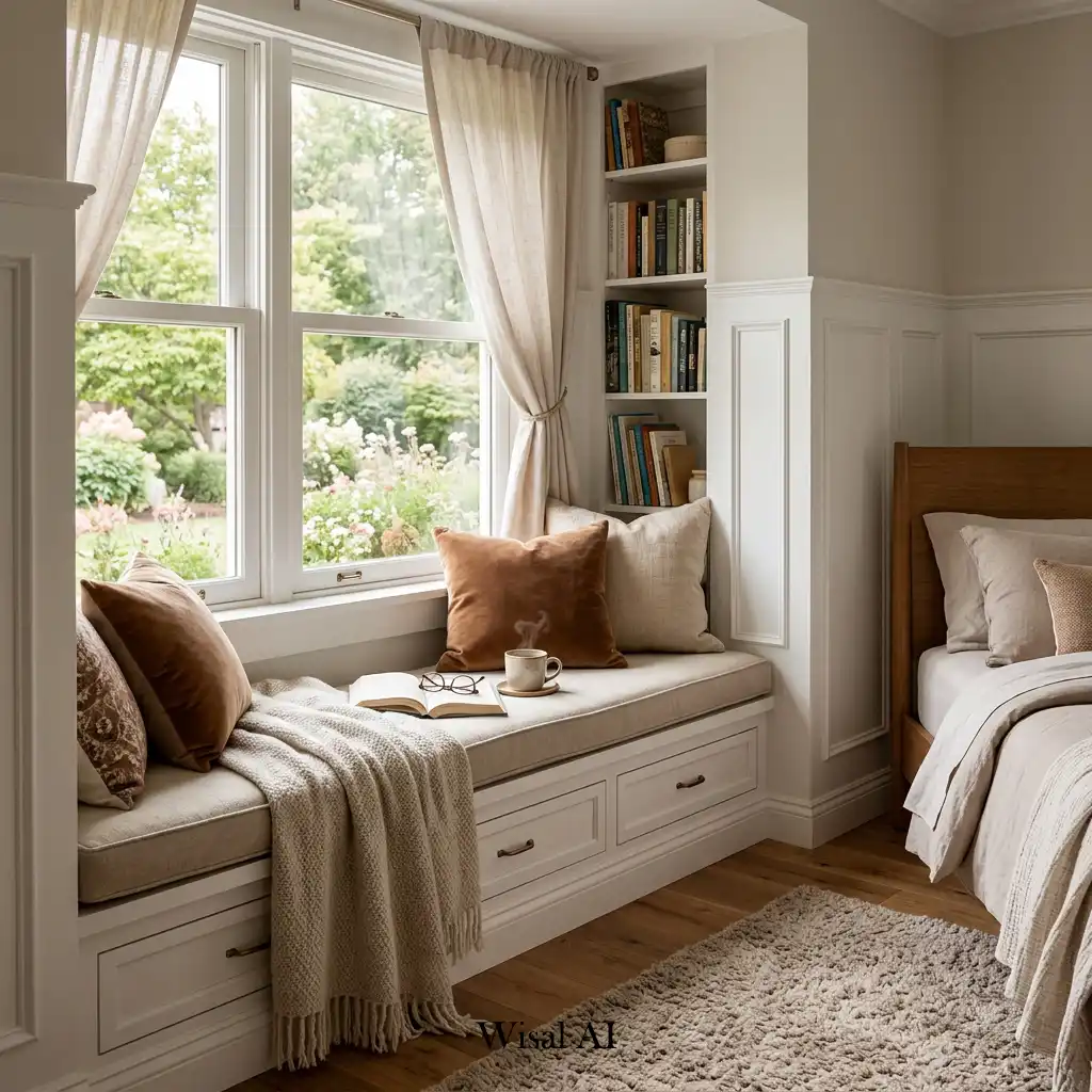 Cozy bedroom featuring a built-in window seat with cushions.