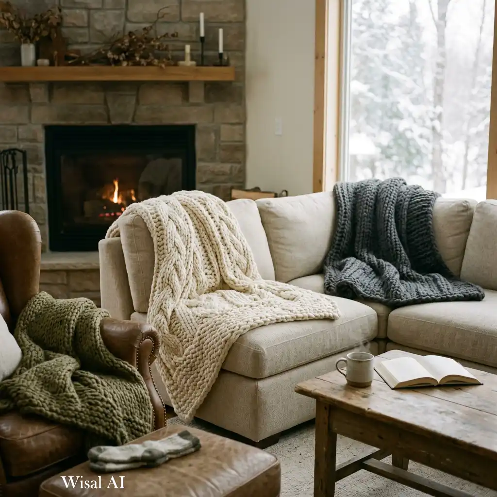 Cozy winter seating area styled with oversized knit throw blankets.