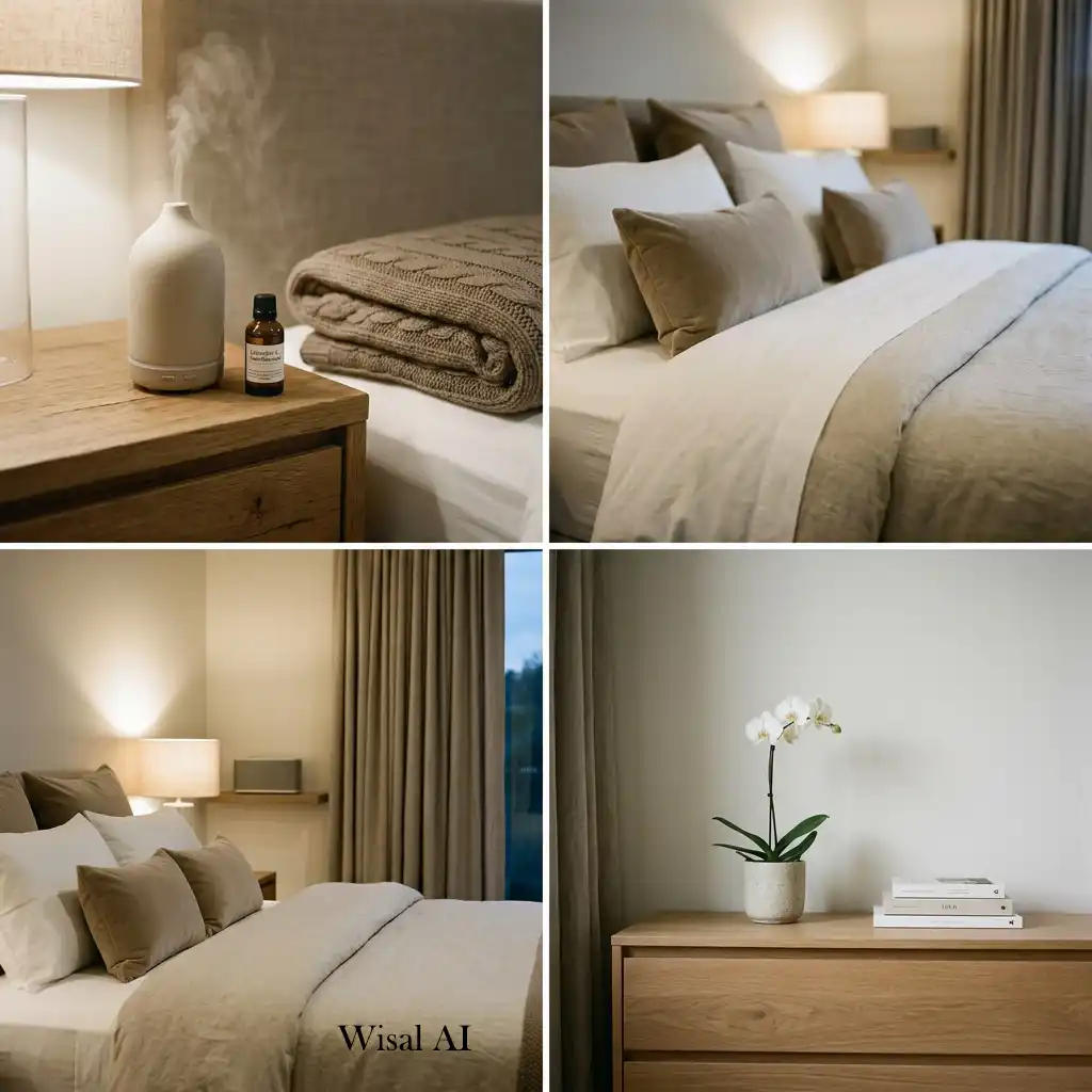 Five-star bedroom with luxury bedding, warm lighting, peaceful ambiance, and timeless elegance.