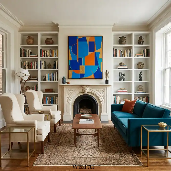 Living room with unified focal point combining modern seating and traditional fireplace design