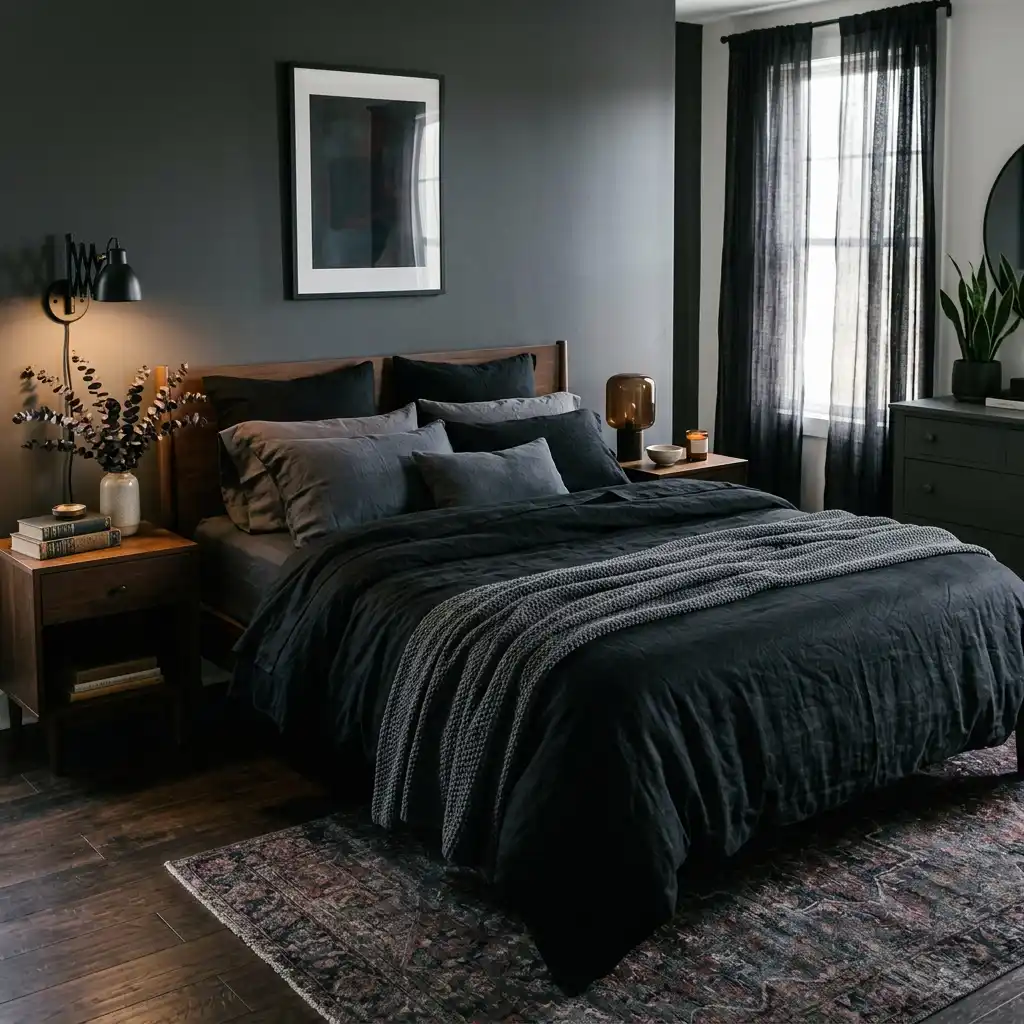 Dark moody bedroom styled with layered black linen bedding.