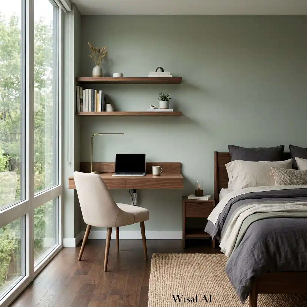 Minimalist workspace with a floating walnut desk in a dark wood bedroom.