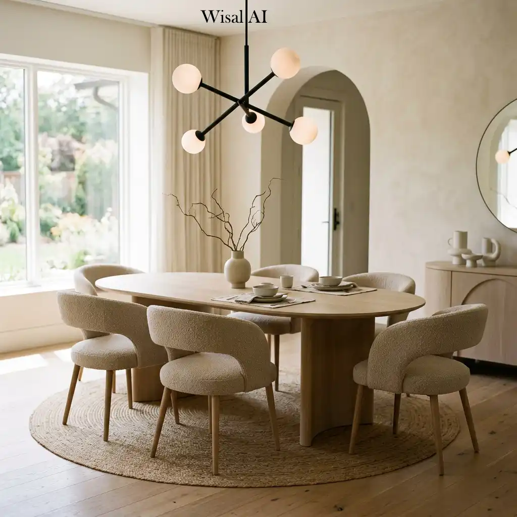 Modern dining room featuring curved chairs and organic furniture shapes