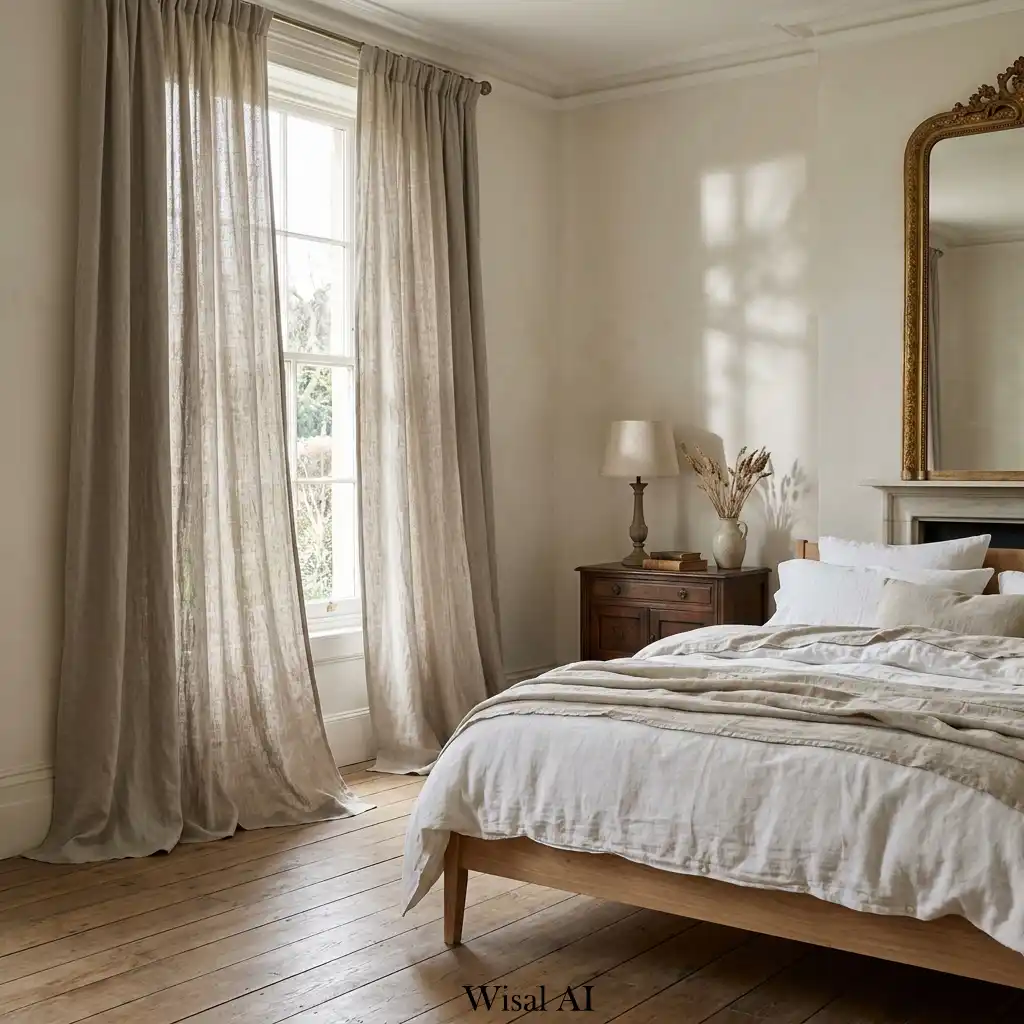 17. European-Inspired Bedroom with Shadowy Linen Drapery