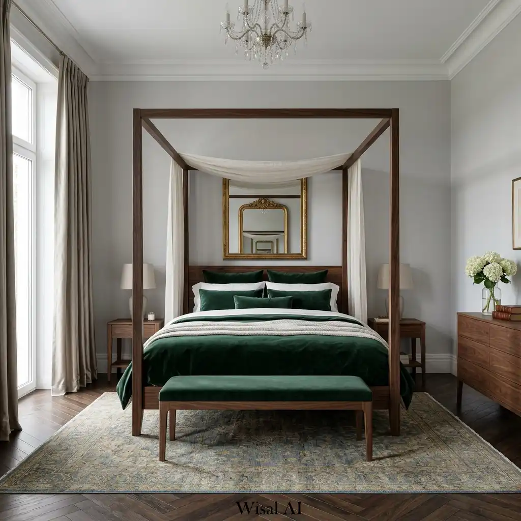 Grand European bedroom featuring a walnut canopy bed