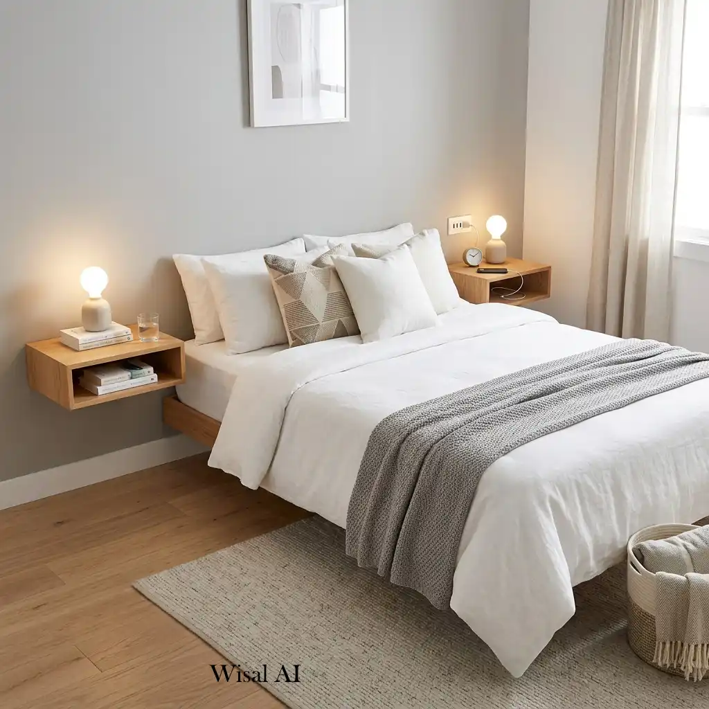 Modern guest bedroom with floating nightstands and open floor space.