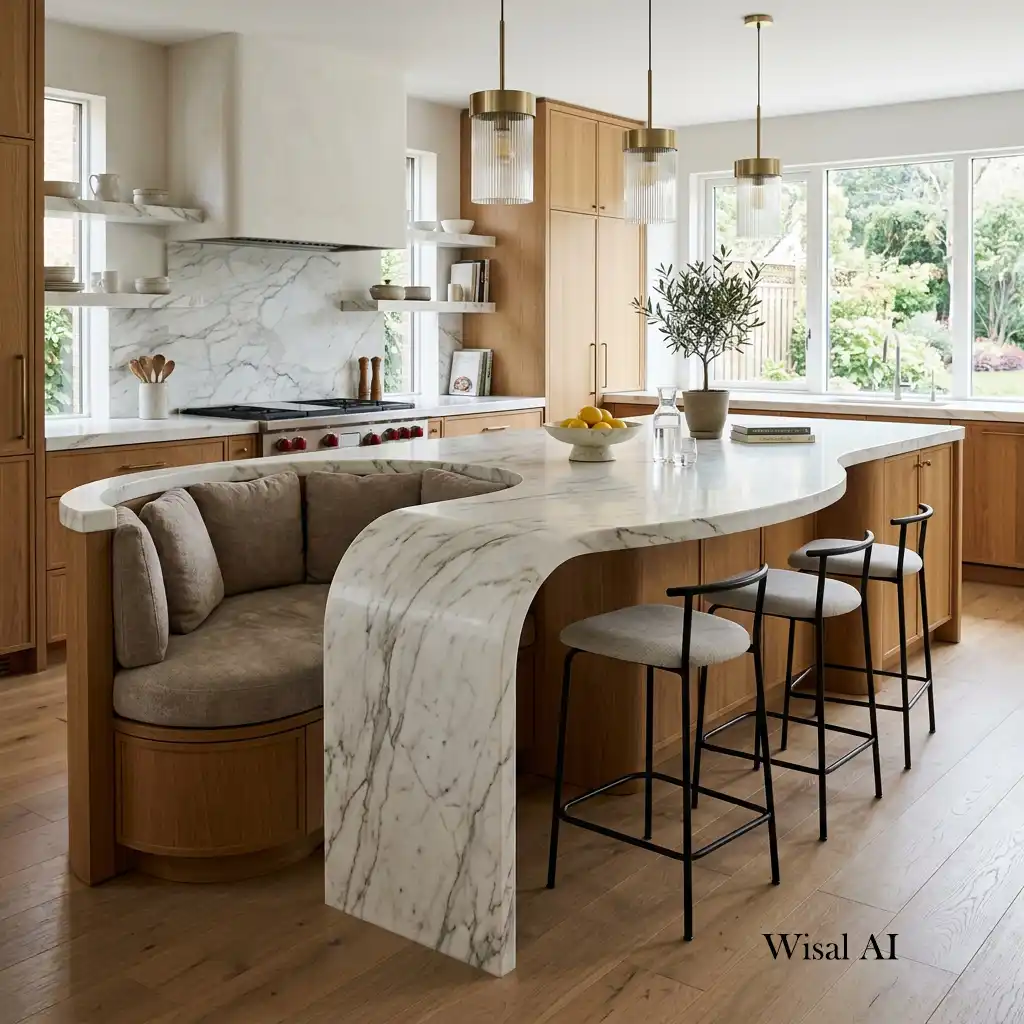 Curved waterfall kitchen island with built-in seating and marble surfaces.