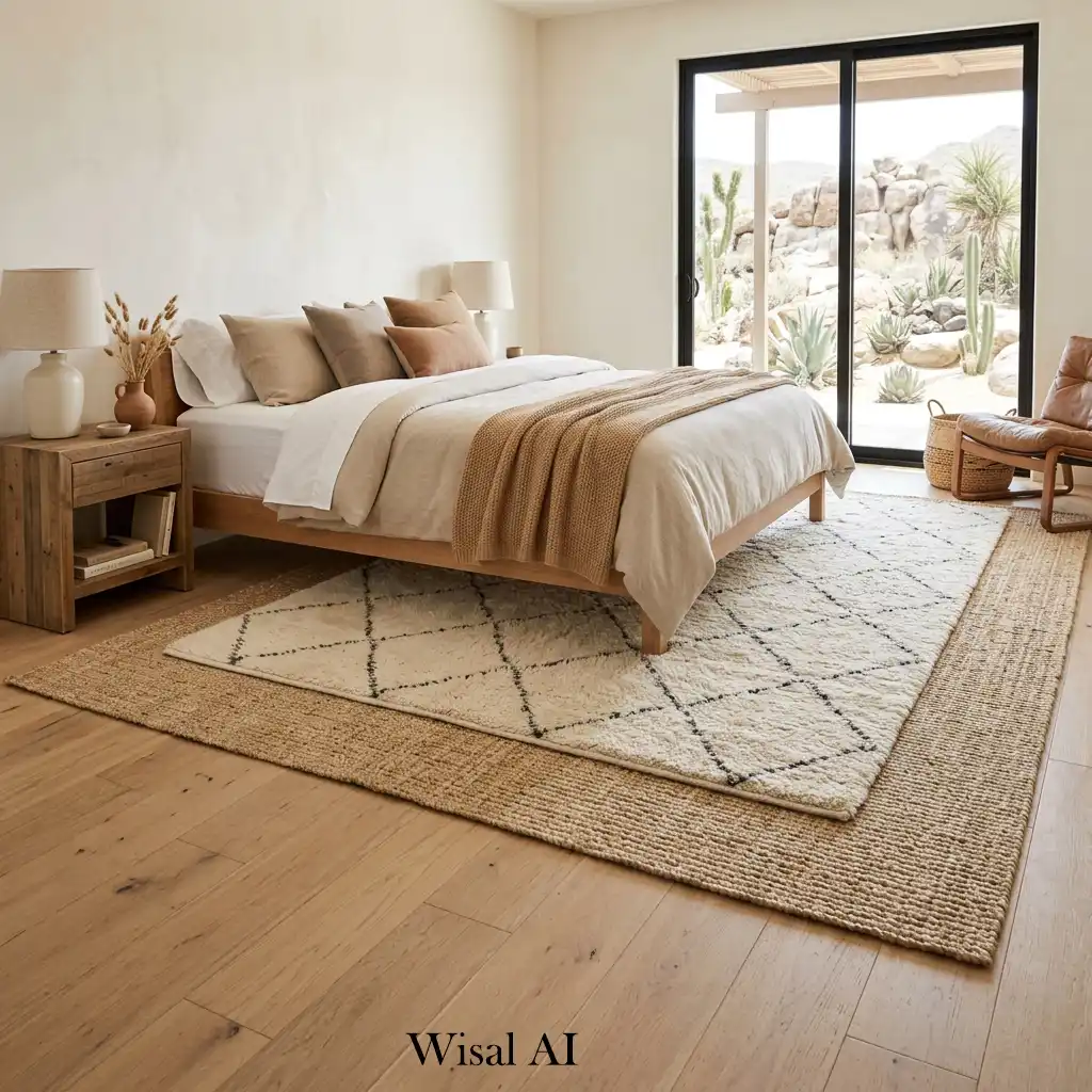 Layered neutral rugs in warm desert bedroom