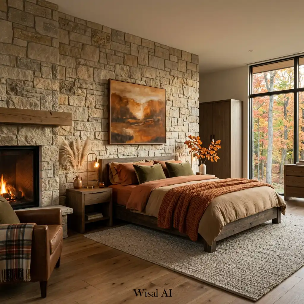 Luxury bedroom featuring a natural stone accent wall and soft bedding.