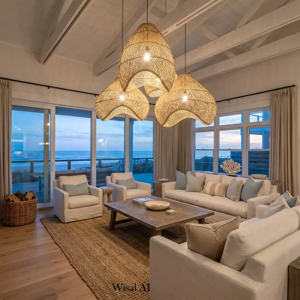Luxury living room featuring a statement woven pendant light fixture.
