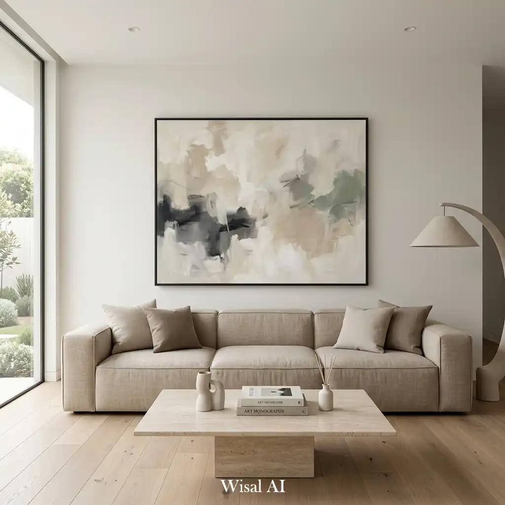 Minimal living room featuring large abstract artwork and clean walls