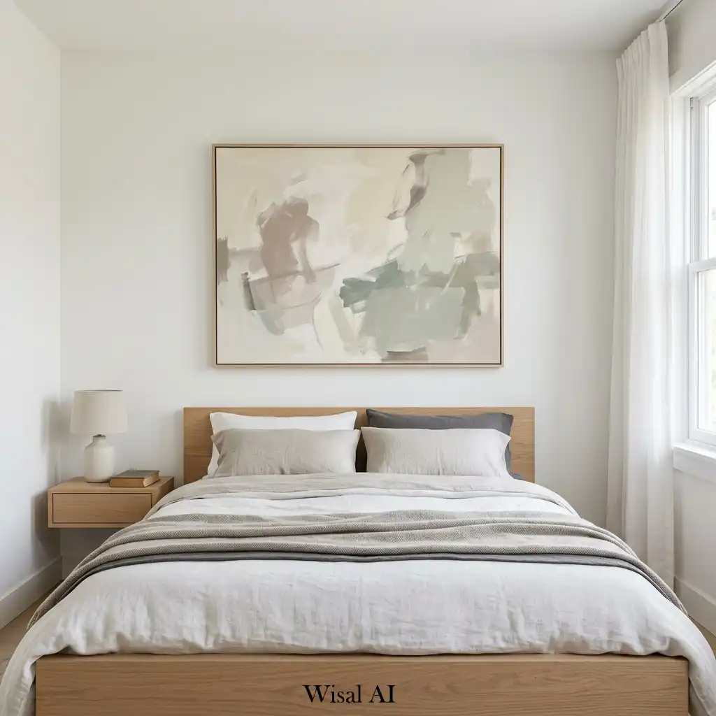 Minimal bedroom featuring abstract wall art and clean interior styling