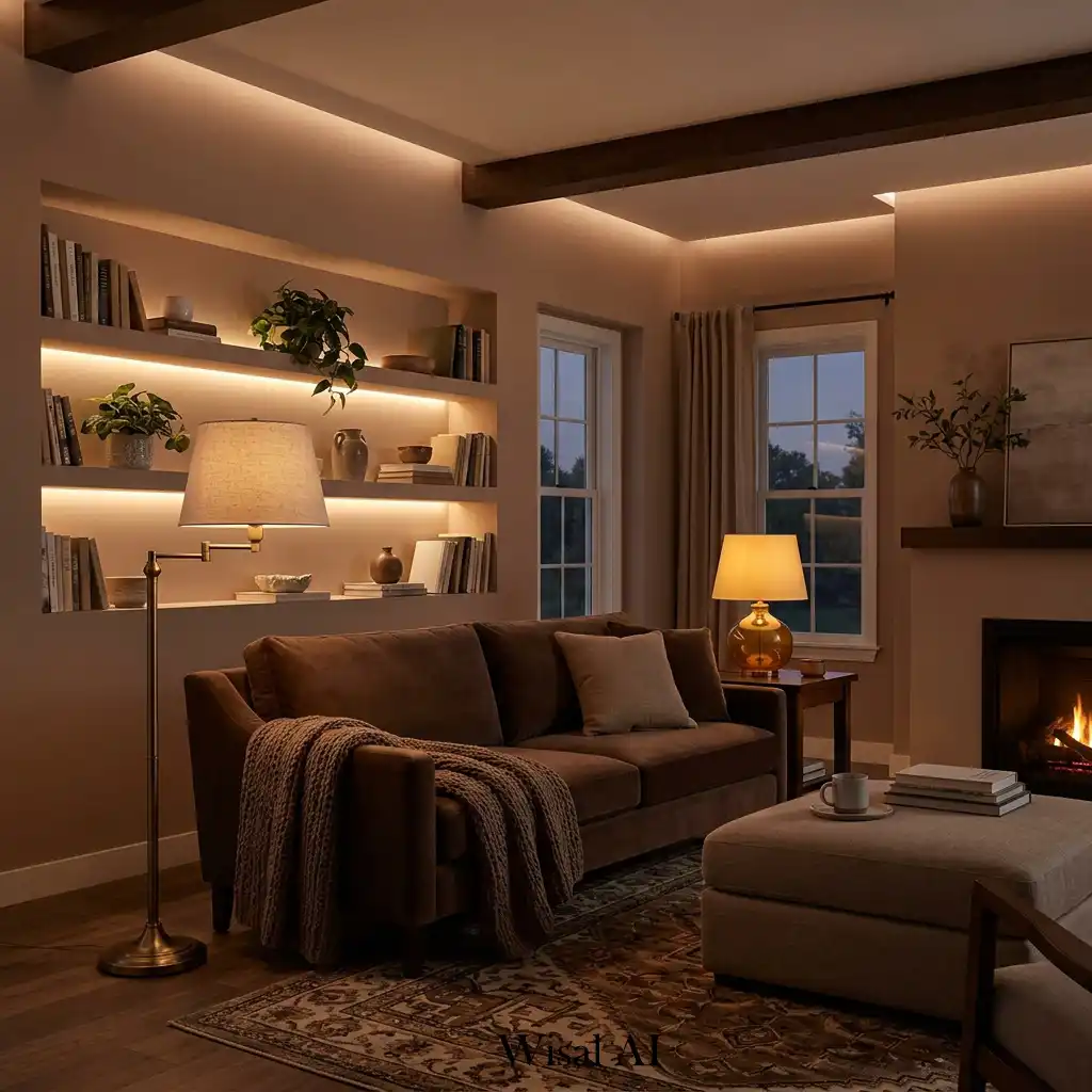 Apartment with warm mocha lighting and cozy ambiance