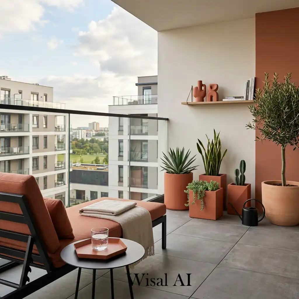 Modern minimalist balcony with clean terracotta color accents