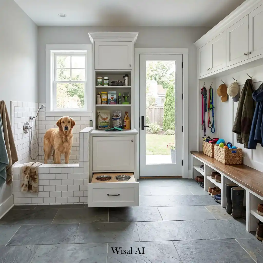 Pet-friendly mudroom with dedicated storage and washing area for pets