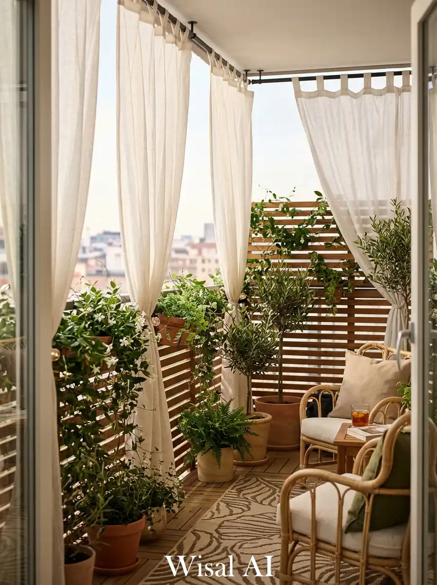 Layered textiles plants and screens balcony privacy