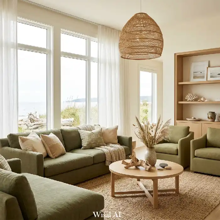 Coastal olive green living room with sandy neutrals, light wood furniture, and airy atmosphere