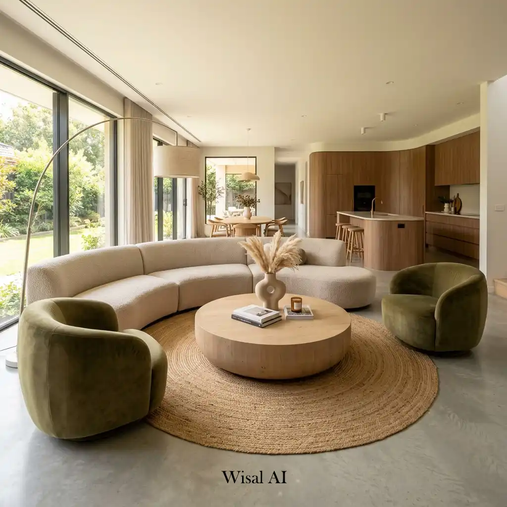 Contemporary living room featuring curved sofas and organic furniture shapes