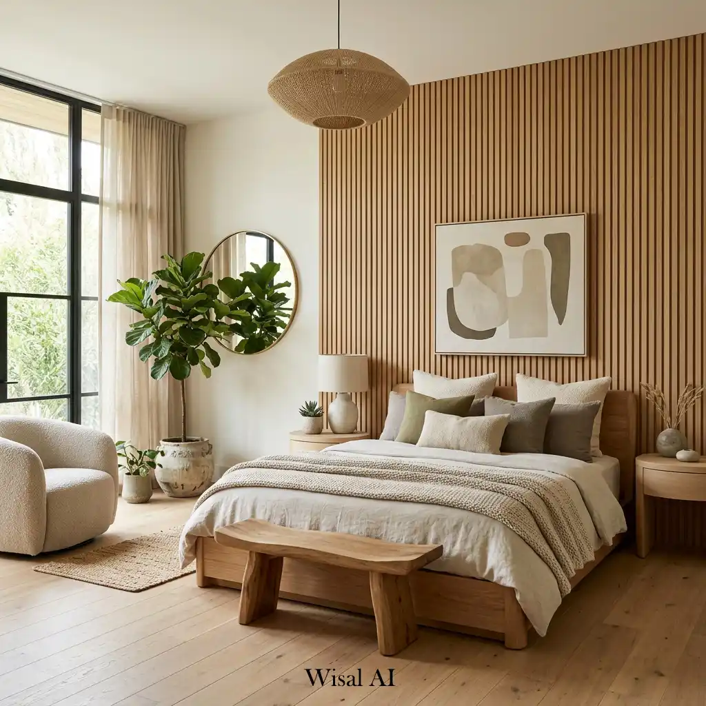 Organic modern bedroom with natural oak wood slats and earthy décor.