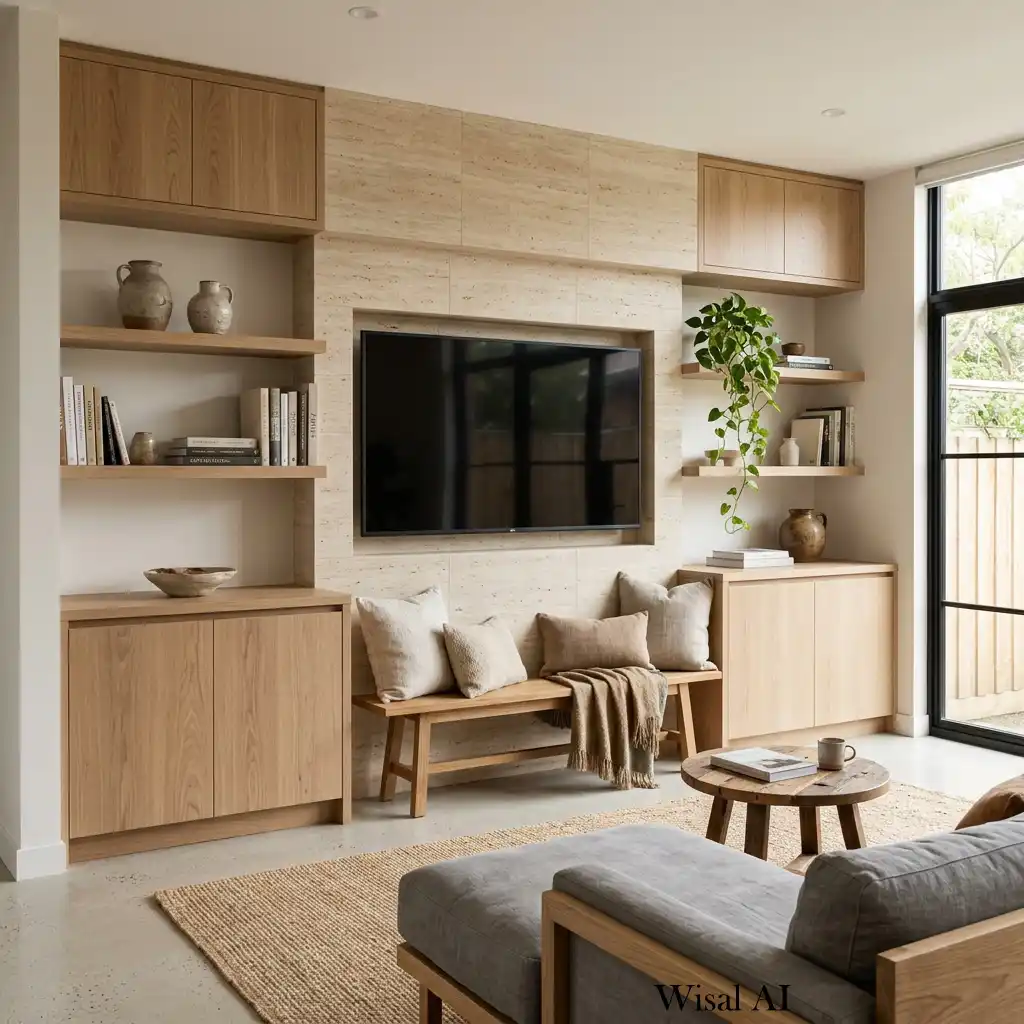 Organic modern TV wall with oak cabinetry, travertine accents, and open shelving.