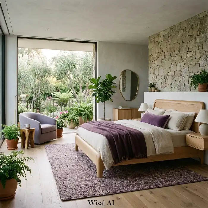 Contemporary purple luxury bedroom with structured furniture and elegant style
