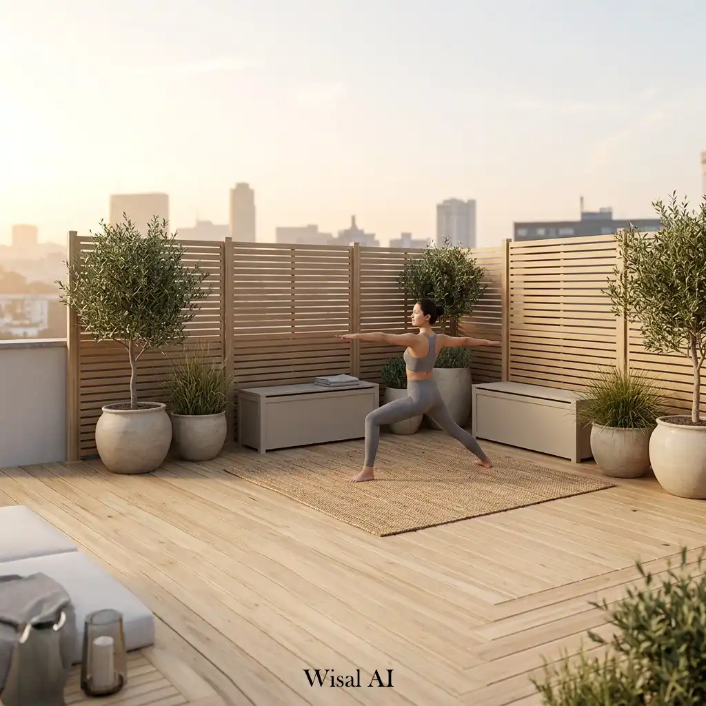 Modern rooftop wellness area designed for yoga and peaceful relaxation