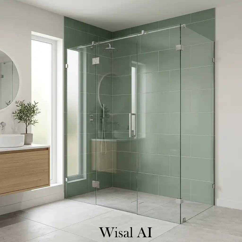 Glass shower enclosure with sage green modern design